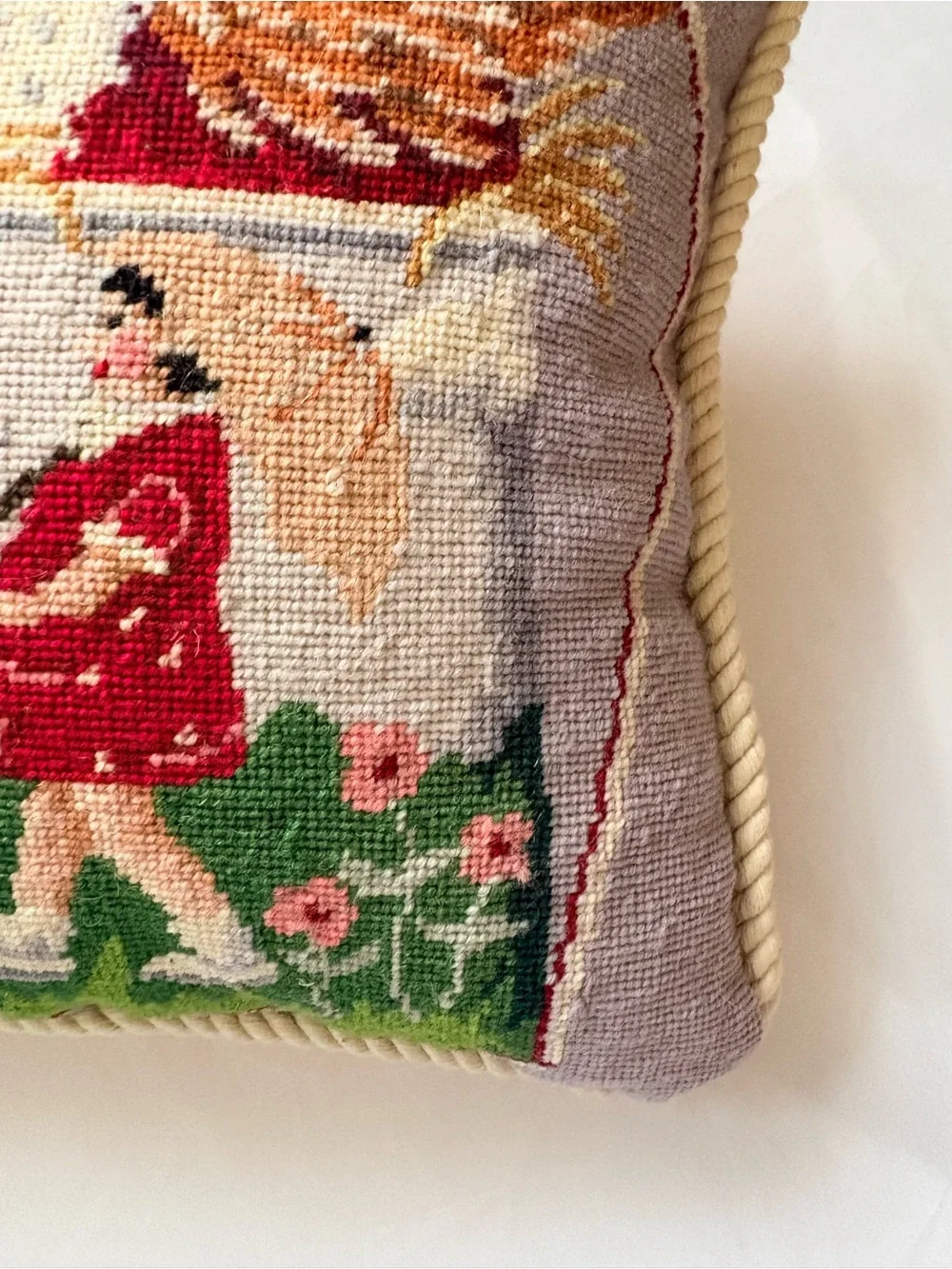 Handmade Lavender Needlepoint Pillow with Girl in Red Dress & a Bird Motif